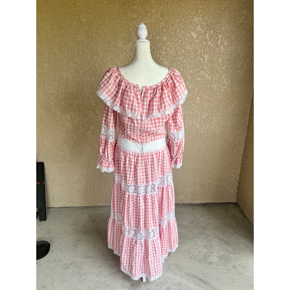Vintage 70s Prairie Dress Pink Gingham Checkered Lace Trim Maxi Cottagecore S/M - Picture 4 of 11